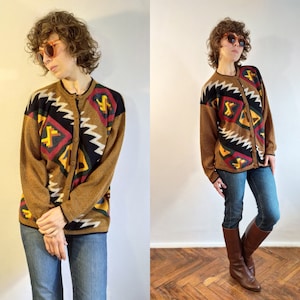 Peru Alpaca Wool Cardigan/Peruvian Wool Sweater/Mustard Pattern Sweater/Soft Alpaca Knit Cardigan/Peruvian Cardigan/L Size