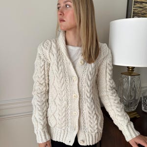 Irish Fisherman Sweater Cabled Wool Hand Knitted Cardigan Jumper - cream