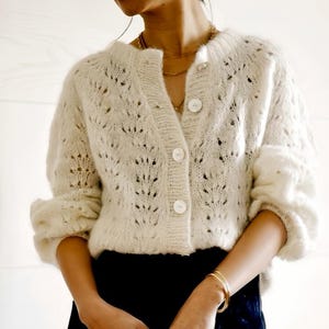 White Alpaca Cardigan | Romantic Lace Knit Sweater | HandKnitted Merino Wool Cardigan | Soft Feminine Knitwear | Natural Yarn Jumper