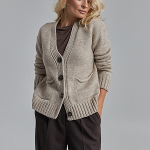 Alpaca Wool Cardigan for Women, Casual Knit Jacket with Pockets, Cozy Button Front Sweater