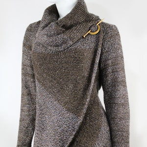 Hand Knit Alpaca Wool Cardigan: Brown Tones, Open Sweater, Wooden Brooch