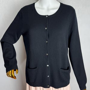 Pure Cashmere Soft Knit Cardigan, 100% Cashmere Crewneck Sweater, Womens Classic Luxury Knitwear, Black Long Sleeve Pullover Jumper, M L