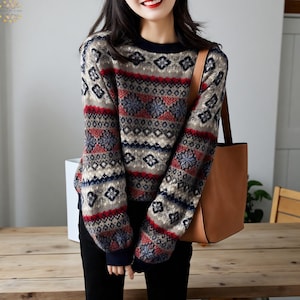 Jacquard Cashmere Blend Knit Sweater: Women's Oversized Pullover