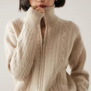 Pure Cashmere Zip Cardigan: Women's Soft Cable Knit Sweater with High Collar