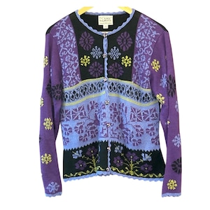 Alpaca Imports Purple Floral Fair Isle Alpaca Knit Cardigan Sweater Boho M