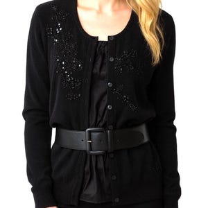 Vintage Silk Cashmere Cardigan: 1990s Beaded Sweater Wool Blend Crew Neck Black Knitwear