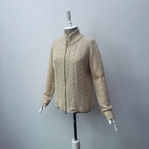 Vintage - 100% Pure Cashmere - Women's High Neck Beige Zip Knit Cardigan Jacket