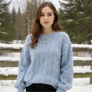 Womens Oversized Cable Knit Sweater | Chunky Knit Pullover | Cozy Warm Fall Winter Crewneck Jumper | Soft Balloon Sleeve Everyday Top