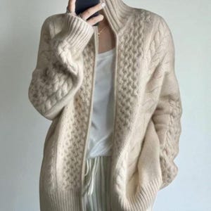 Heavy Thick Wool Zip Cardigan, Women's Turtleneck Lapel Sweater, Thickened Cashmere Blend, Autumn Winter Loose Knit Jacket, Cozy Short Top