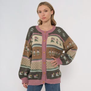 Alpaca Wool Sweater 90s Peruvian Style Knit Cardigan Abstract Geometric Print Button up Slouchy Tan Brown Blue Pink Green Vintage Large L